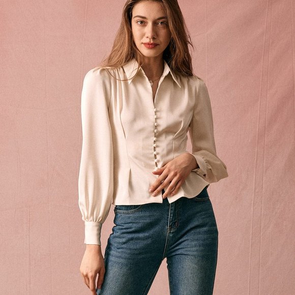 Rihoas Tops - The Solid Collared Puff Sleeve Satin Blouse